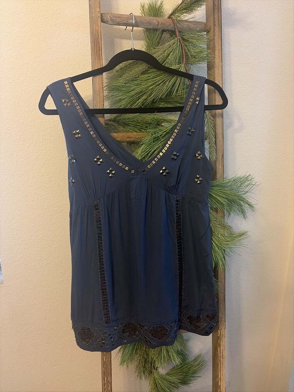 Yag Embellished Studded Sleeveless Tank Top Navy Blue Size S
